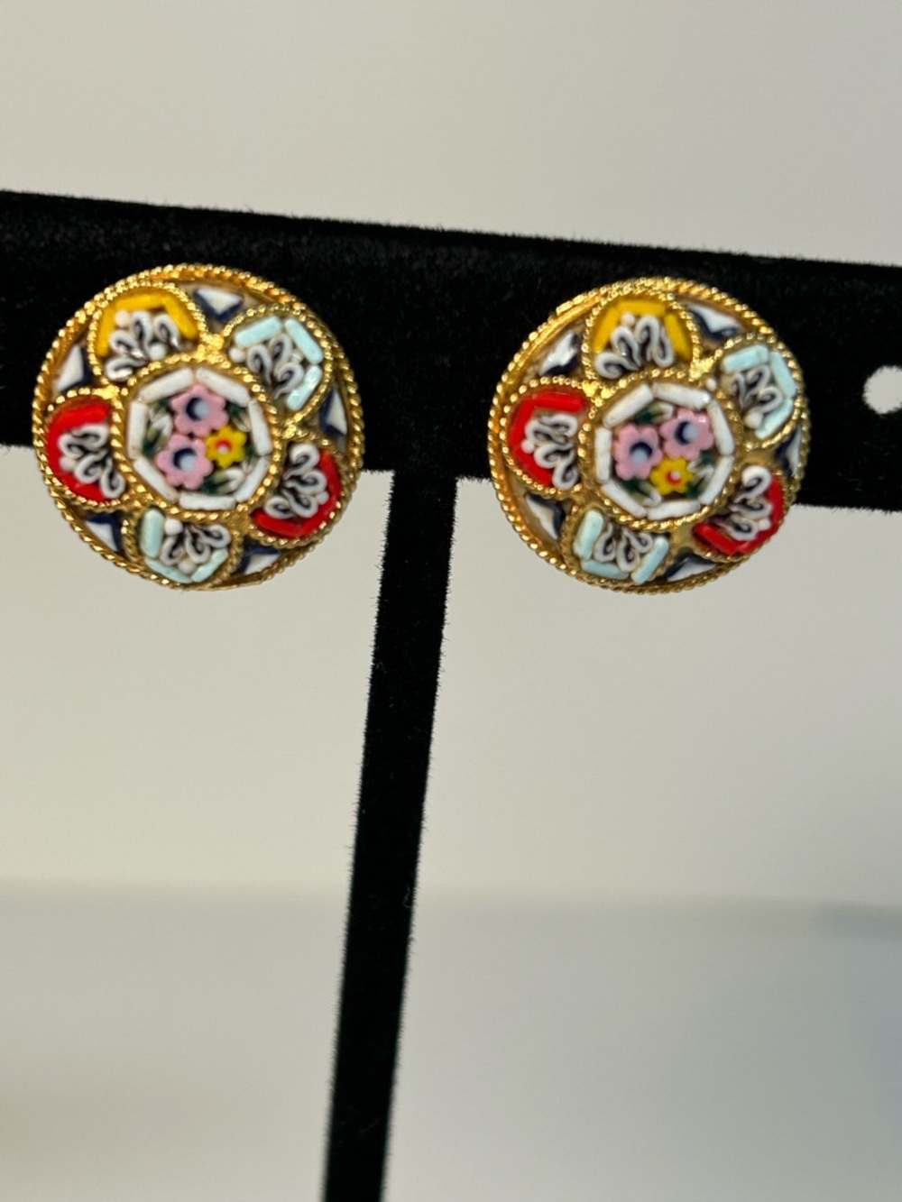 Gold-Tone Floral Mosaic Button Earrings - Multicolor